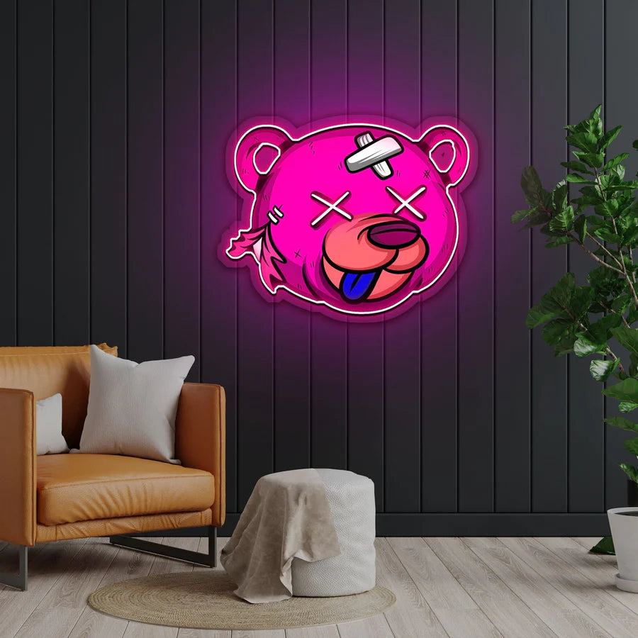 Cartoon Bear Neon Sign Quirky Design in Bright Pink for Game Rooms Studios Man Caves Entertainment Areas