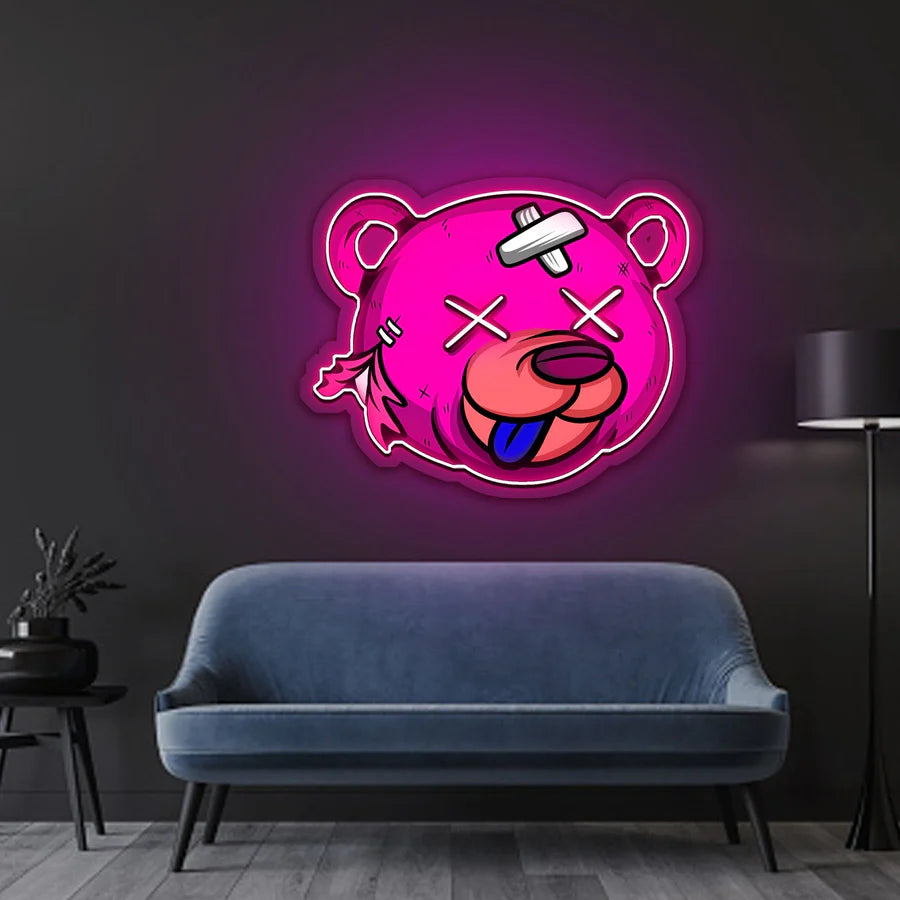 Cartoon Bear Neon Sign Quirky Design in Bright Pink for Game Rooms Studios Man Caves Entertainment Areas