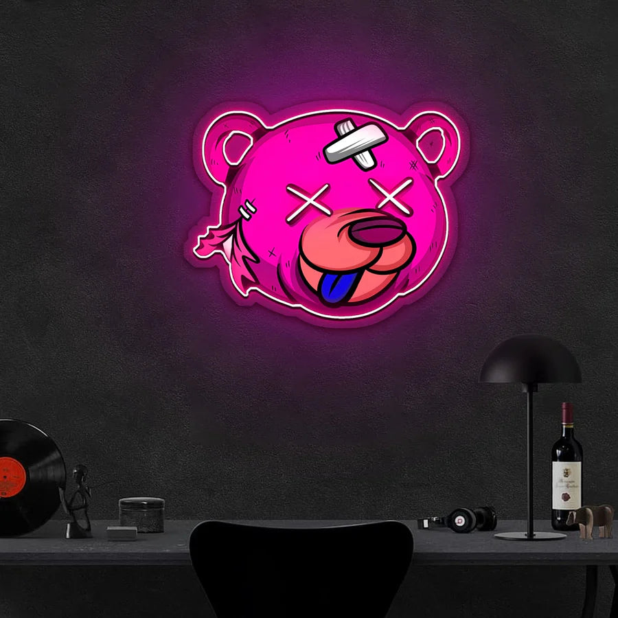 Cartoon Bear Neon Sign Quirky Design in Bright Pink for Game Rooms Studios Man Caves Entertainment Areas