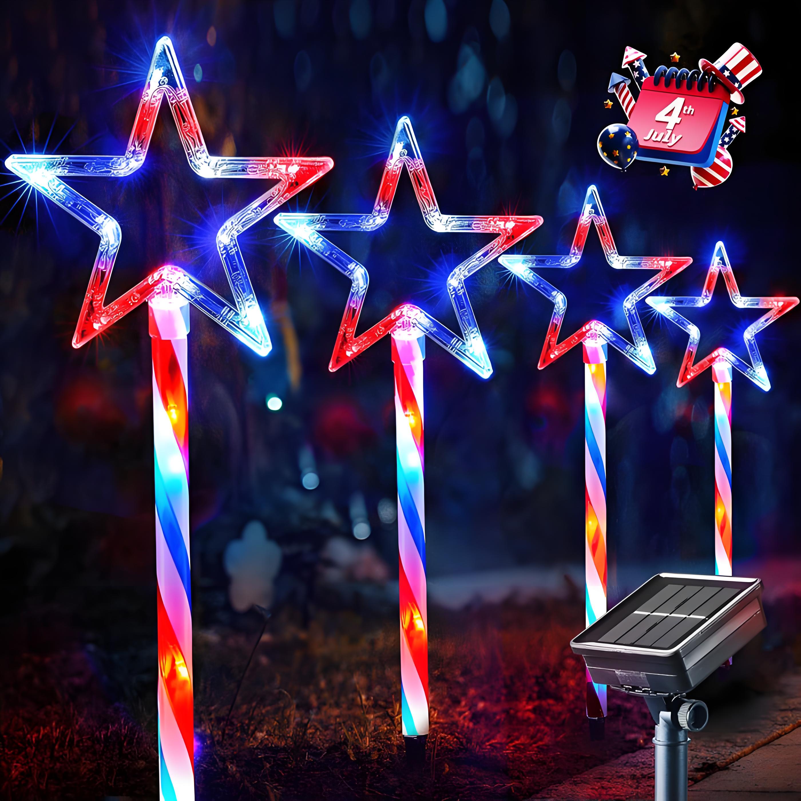 4-Pack Patriotic Solar Pathway Lights – Red, White & Blue Star Outdoor Decorations with Waterproof Stakes, 8 Lighting Modes for 4th of July & Christmas