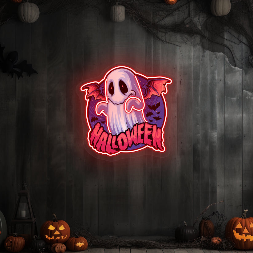 Ghostly Halloween Neon Sign – Fun and Spooky LED Decor with Friendly Ghost, Bats, and Eerie Elements