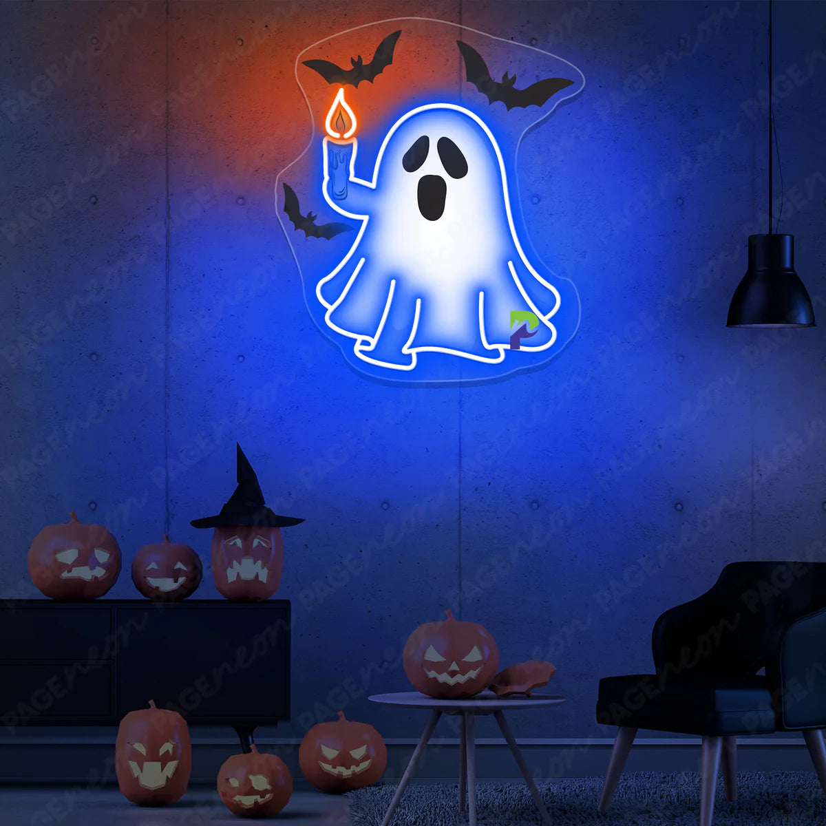 Ghost with Candle Neon Sign – Playfully Spooky Halloween Decor with Vibrant Bats and Flickering Candle Glow