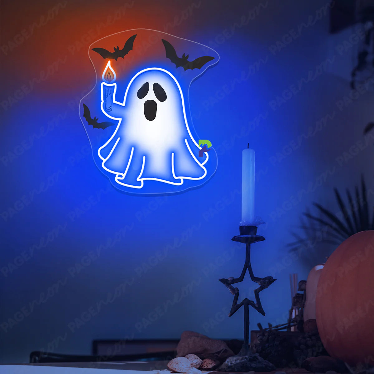 Ghost with Candle Neon Sign – Playfully Spooky Halloween Decor with Vibrant Bats and Flickering Candle Glow