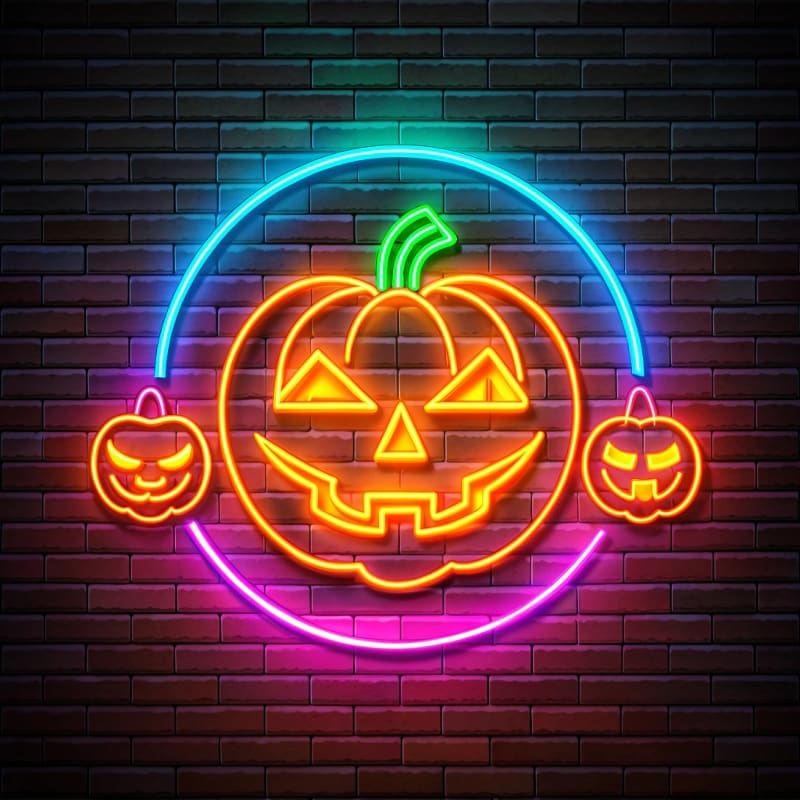 Halloween Jack-O'-Lantern Neon Sign – Festive Trio in Vibrant Orange, Purple, and Blue for Spooky and Playful Decorations