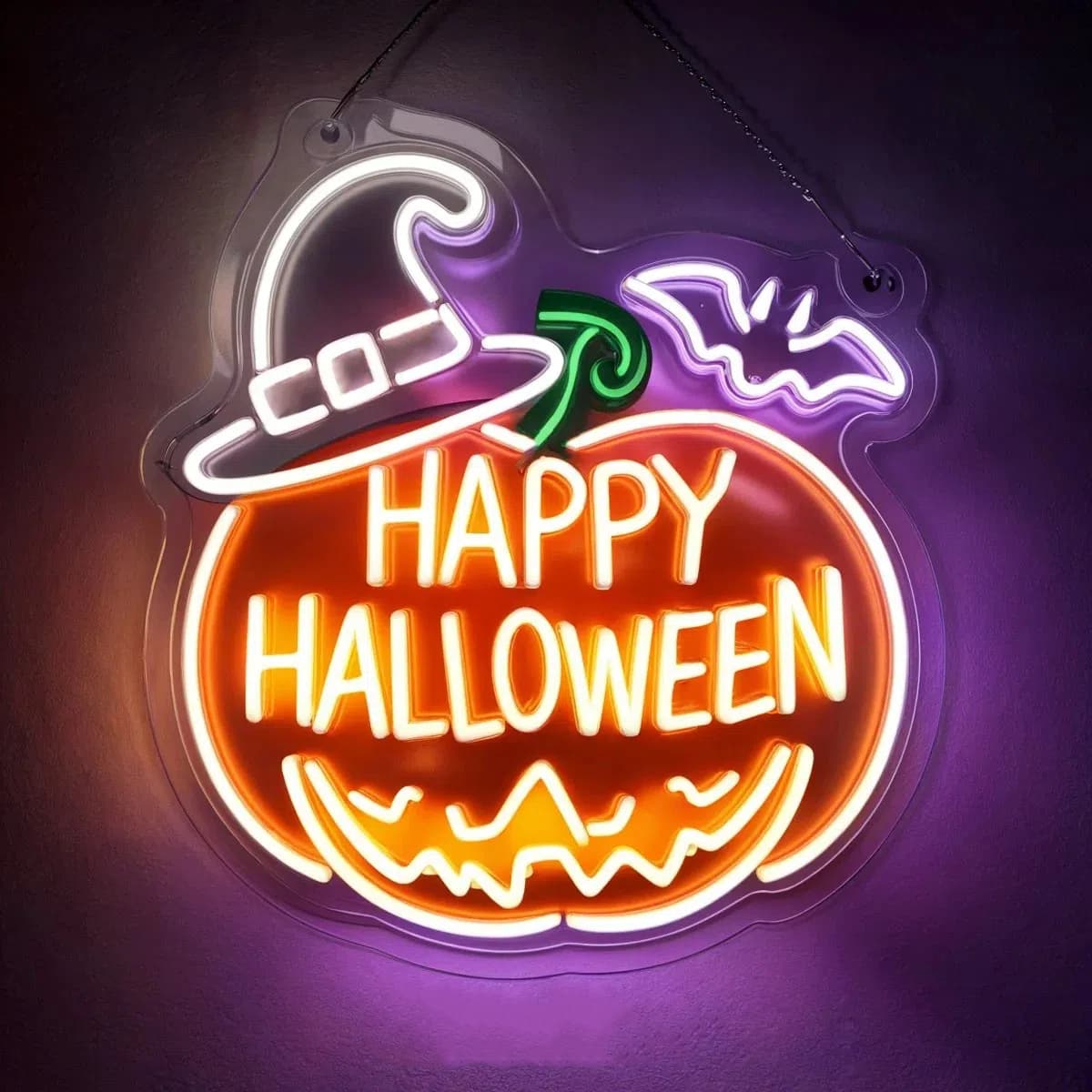 Halloween Pumpkin Neon Sign with Witch Hat and Bat – Playful, Spooky LED Decor for Parties and Seasonal Celebration