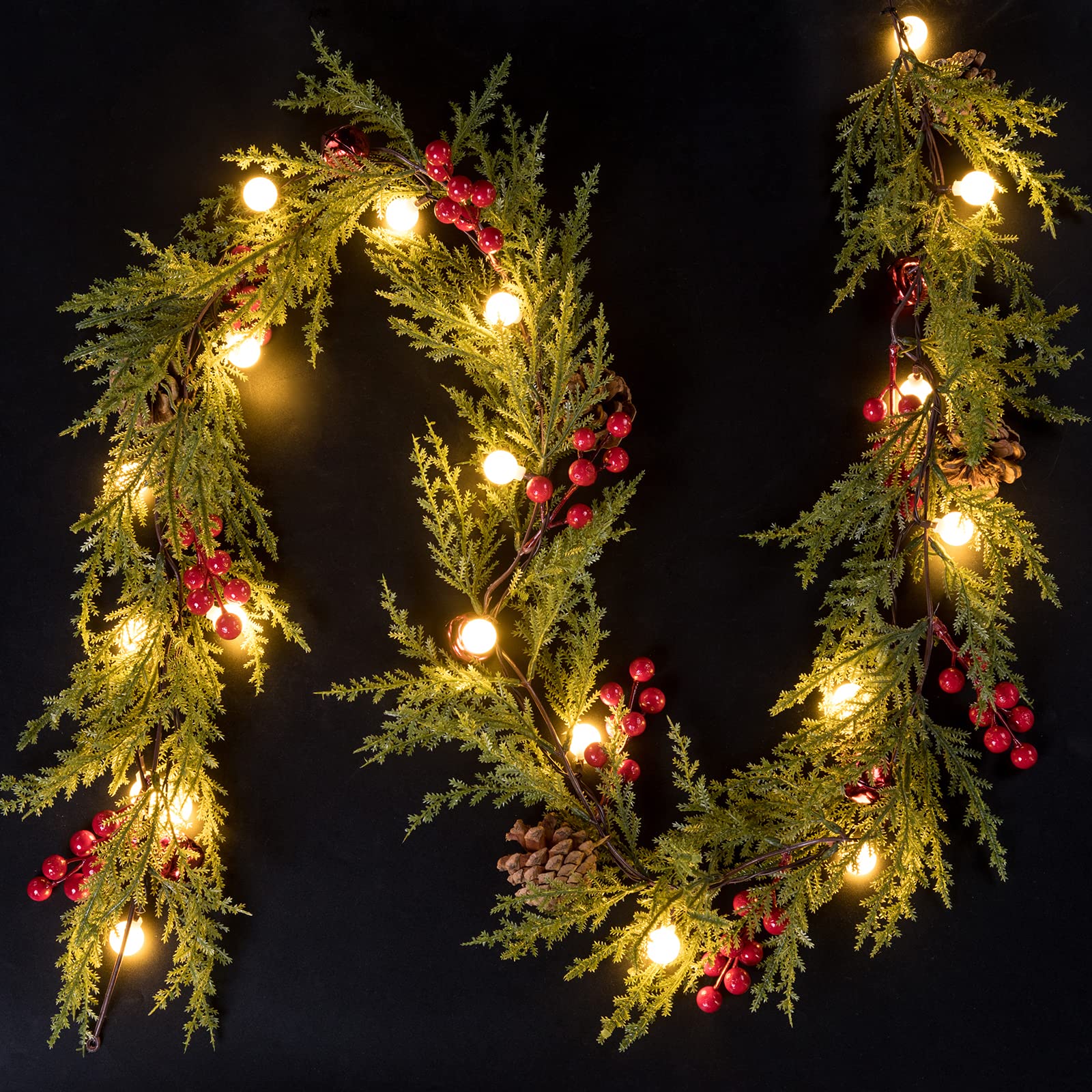 2 Pack Christmas Garland with Lights, 5.7FT 20 LED Artificial Red Berry Garland Christmas Decorations PineCones Bells