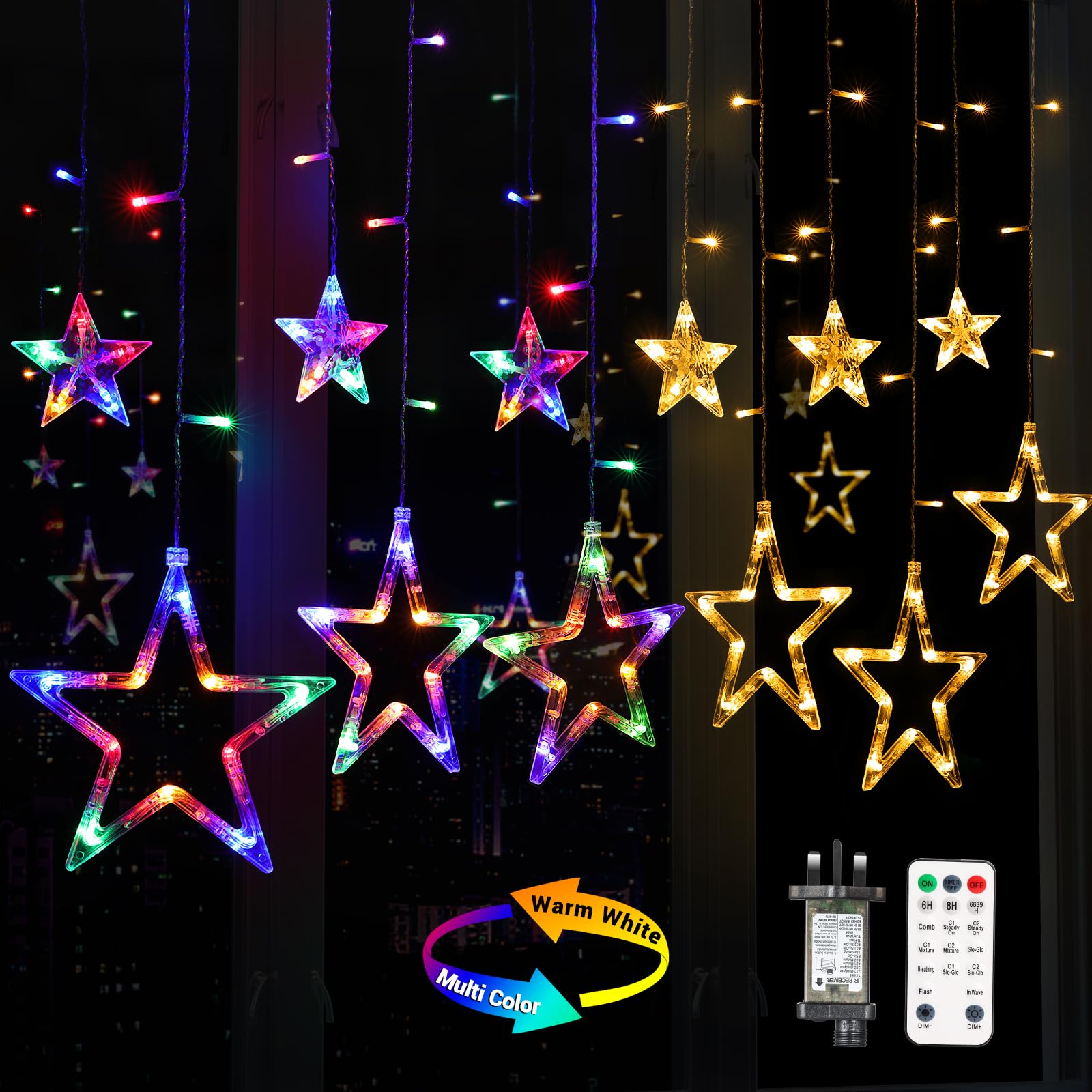 Quntis 138 LED 12-Star Multicolor Christmas Curtain Lights – Festive Starry Decor for Holiday & Xmas Decoration