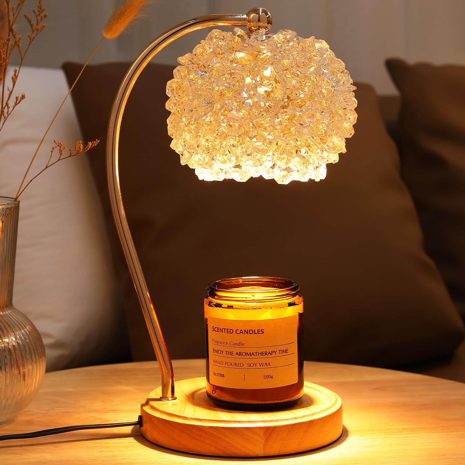 Candle Warmer Lamp for Jar Candles with Adjustable Brightness£¦Timer£¬Handcrafted Crystal£¦Wooden Base,Candle Lamp Elegant+2Bulbs,Home Decoration Electric Candle lamp