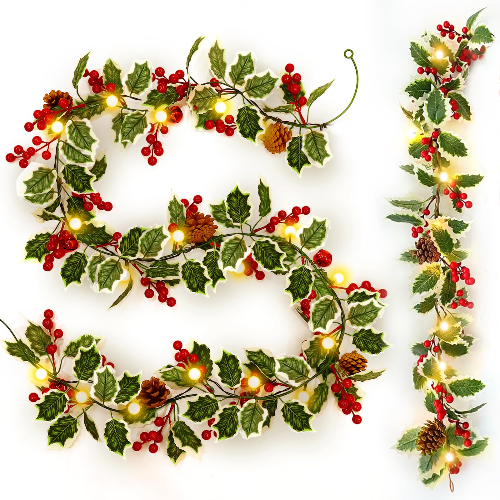 2 Pack 1.8M Christmas Red Berries Garland with 40 LEDs – Versatile 8 Lighting Modes for Stunning Christmas Lights Decor, Perfect for Festive Holiday Arrangements.