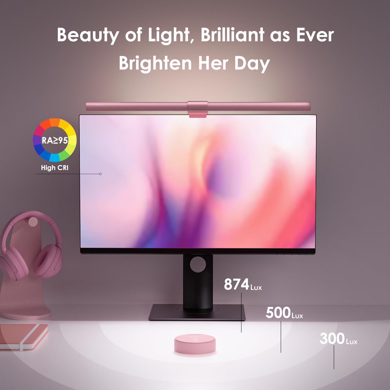 Quntis Pink Monitor Light Bar with Remote, Eye-Care No Glare, Space Saving Computer Desk Lamp As Gifts for Girls, Stepless Dimming, Modern Aesthetic Desk Light Bar for Home Office Gaming Reading(15.7Inch)