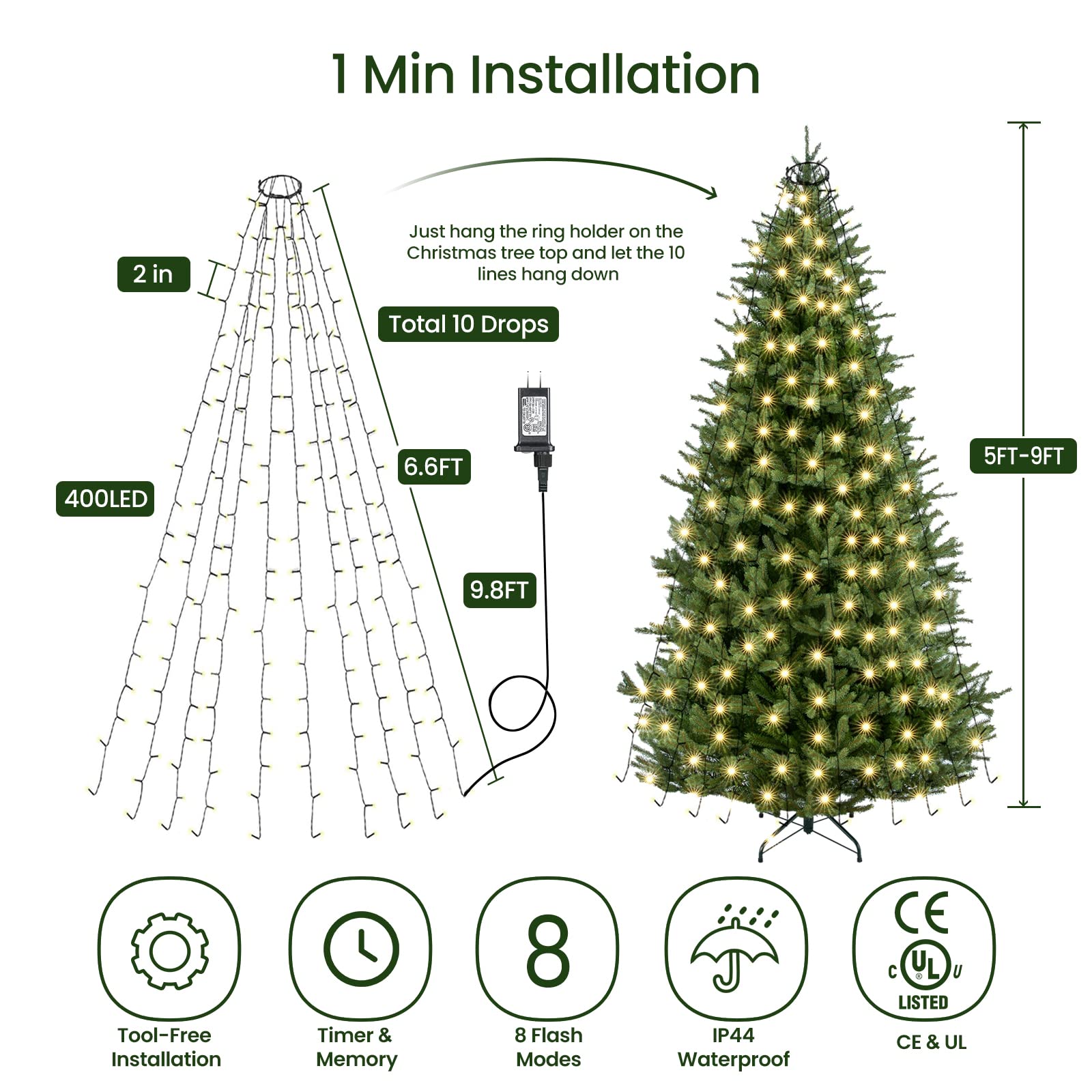 Quntis 6.6FT Christmas Tree Lights – 400 LED, 10 Lines, IP44 Waterproof, Safe for Kids & Pets, Indoor/Outdoor Holiday Decor