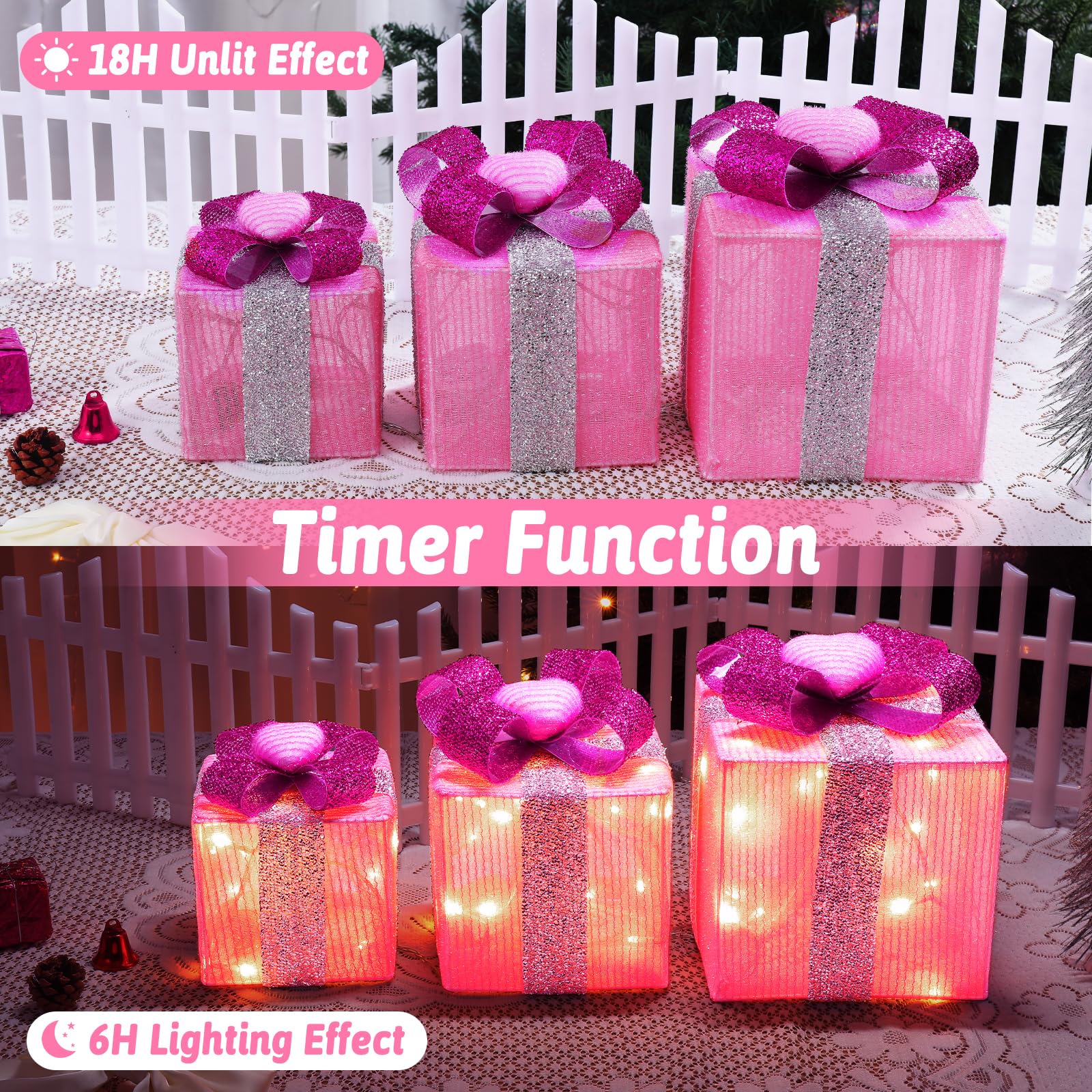 Valentine's Day & Mother's Day 3-Piece Lighted Pink Gift Boxes with Heart Accents, Iron Glowing Christmas Present Set with Bow, AA Battery Operated (Batteries Not Included)