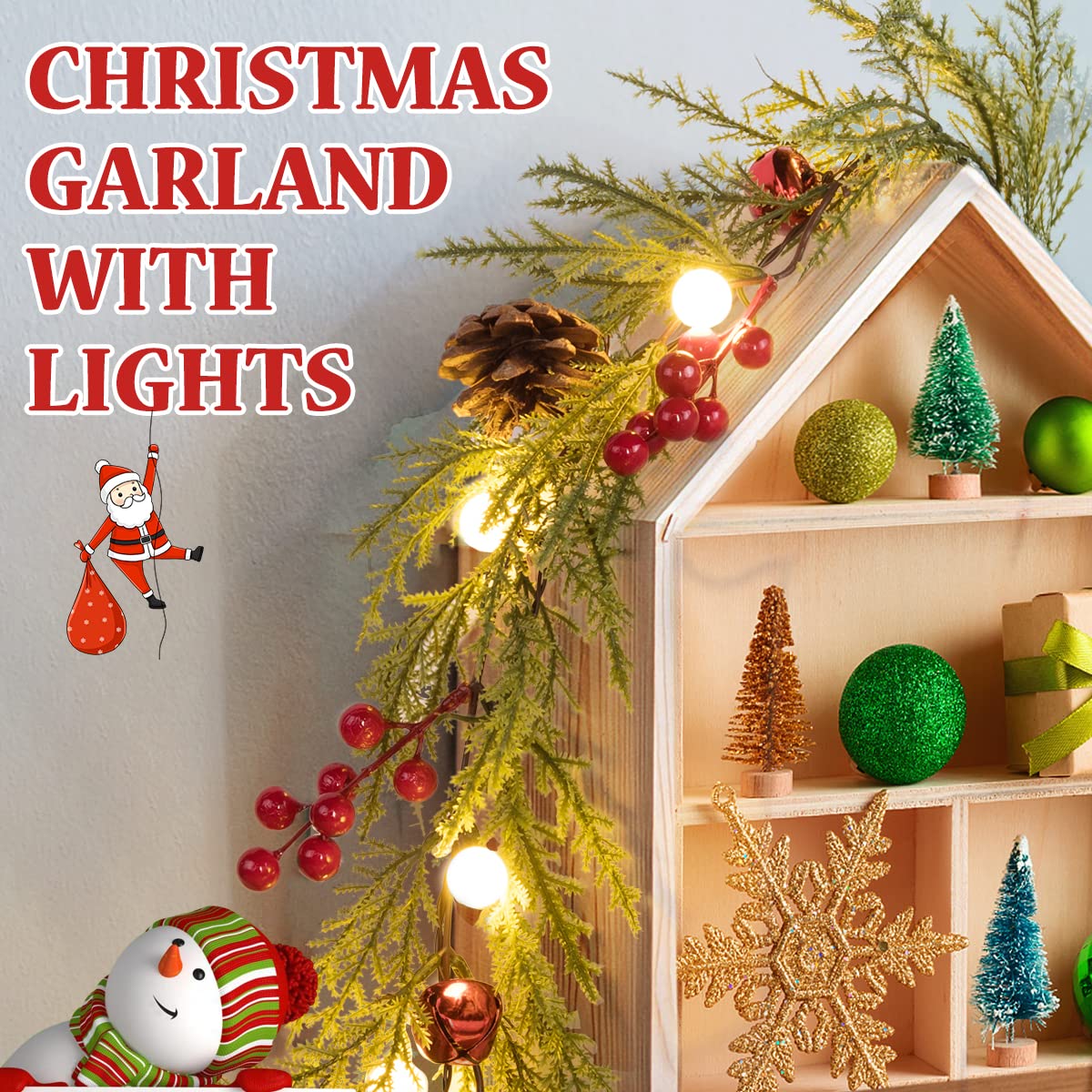 2er-Pack Weihnachtsgirlande mit Lichtern, 5,7FT 20 LED Künstliche Rote Beeren Girlande Weihnachtsdekorationen Tannenzapfen Glocken