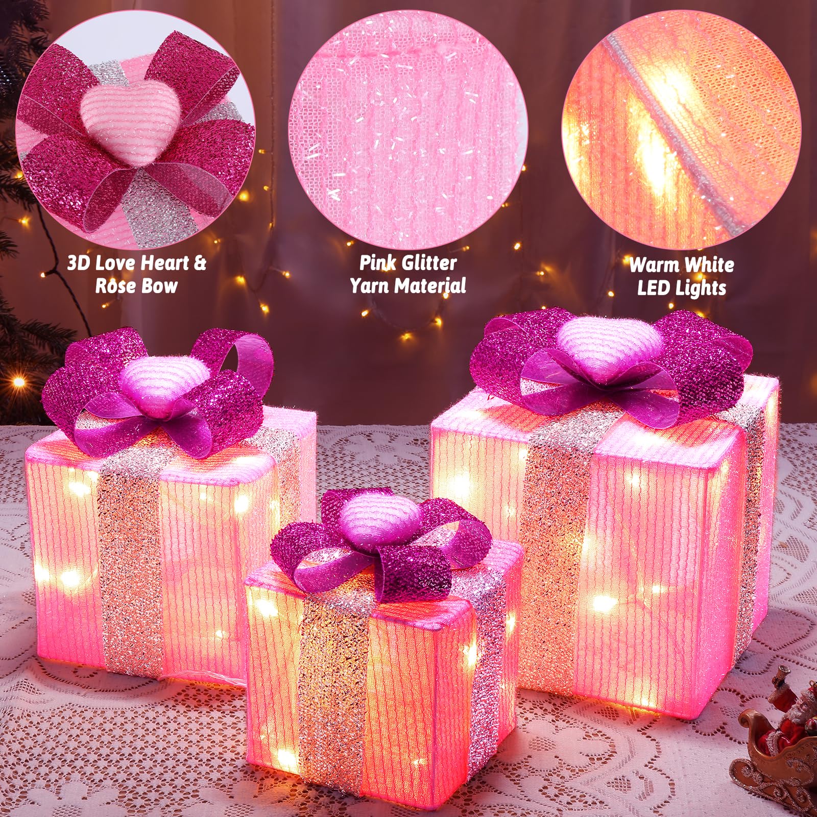 Valentine's Day & Mother's Day 3-Piece Lighted Pink Gift Boxes with Heart Accents, Iron Glowing Christmas Present Set with Bow, AA Battery Operated (Batteries Not Included)