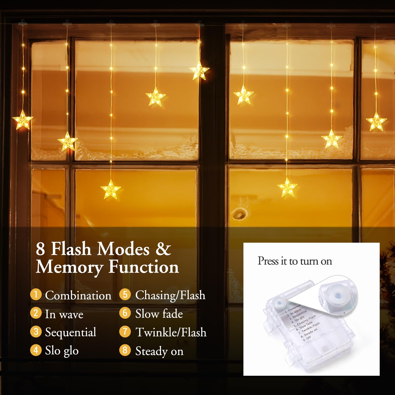 Quntis 9 Stars Warm White Xmas Lights for Windows – 8 Lighting Modes, 76 LEDs, Create a Magical Ambiance for Holiday & Christmas Decor