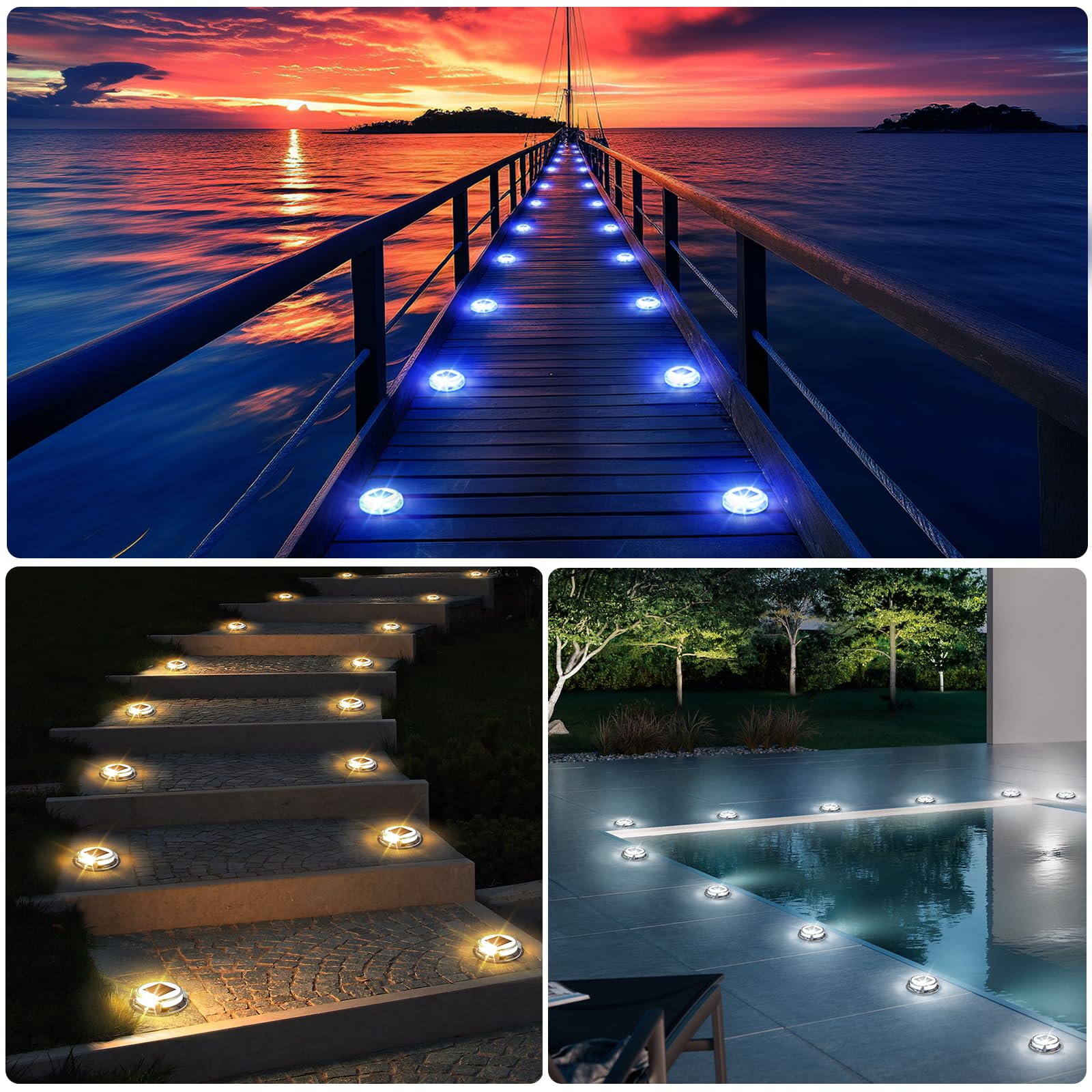 Solar Deck Lights, 3 Colors in 1 Solar Lights Outdoor, IP68 Waterproof Solar Dock Lights with Ground Spikes, Wide Illumination Range Driveway Lights for Garden Stair Path Walkway