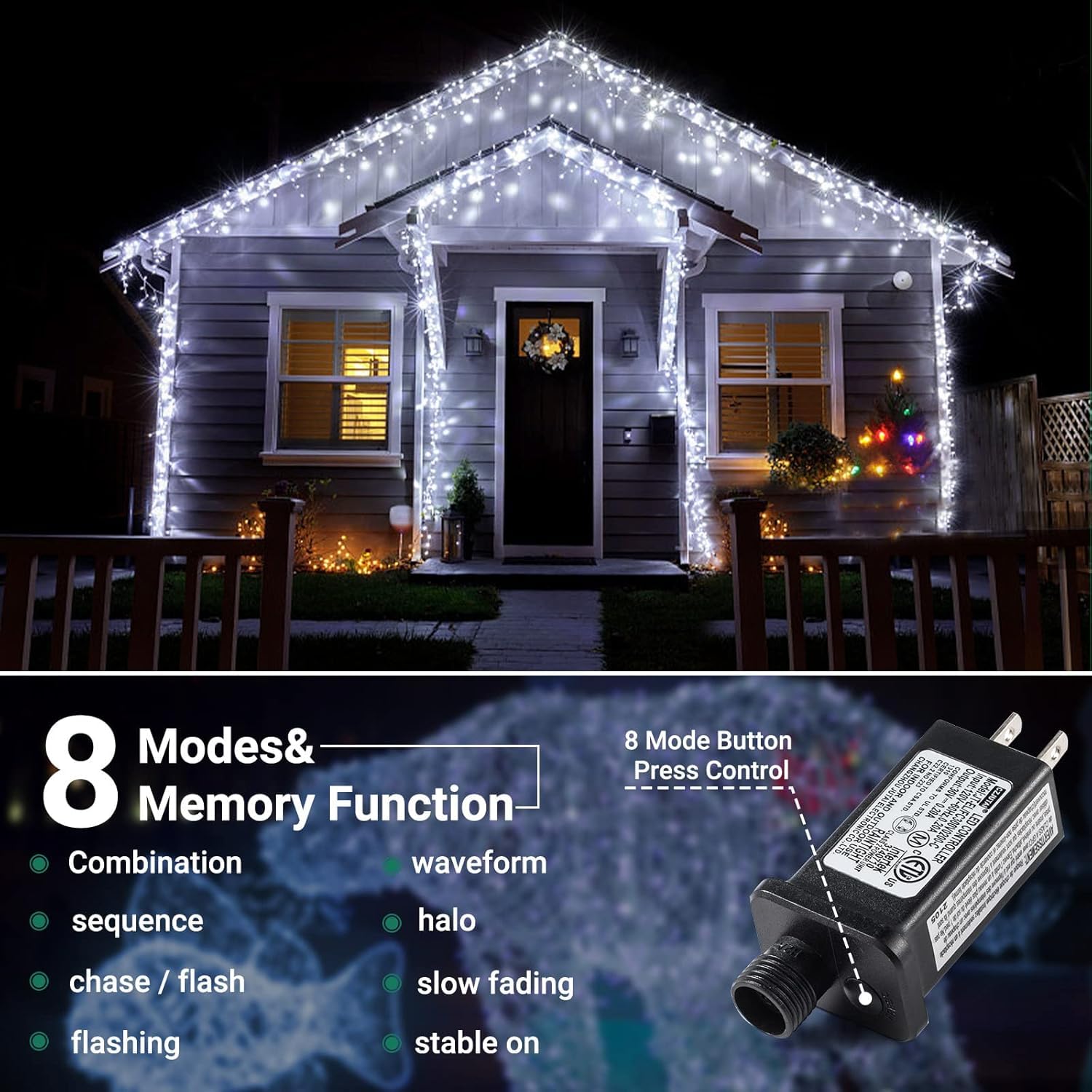 Quntis Christmas Cluster Outdoor White Tree Lights – 8 Modes Plug-In, Available in 2 Sizes for Holiday & Xmas Decor