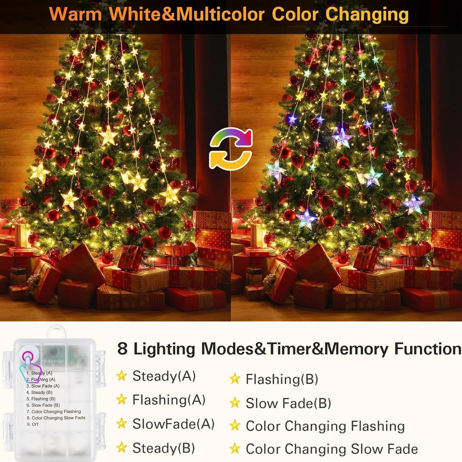 Quntis 32 Stars Star Lights – Color Changing Christmas Lights with 8 Modes, 52 LEDs for Dazzling Holiday & Xmas Decor