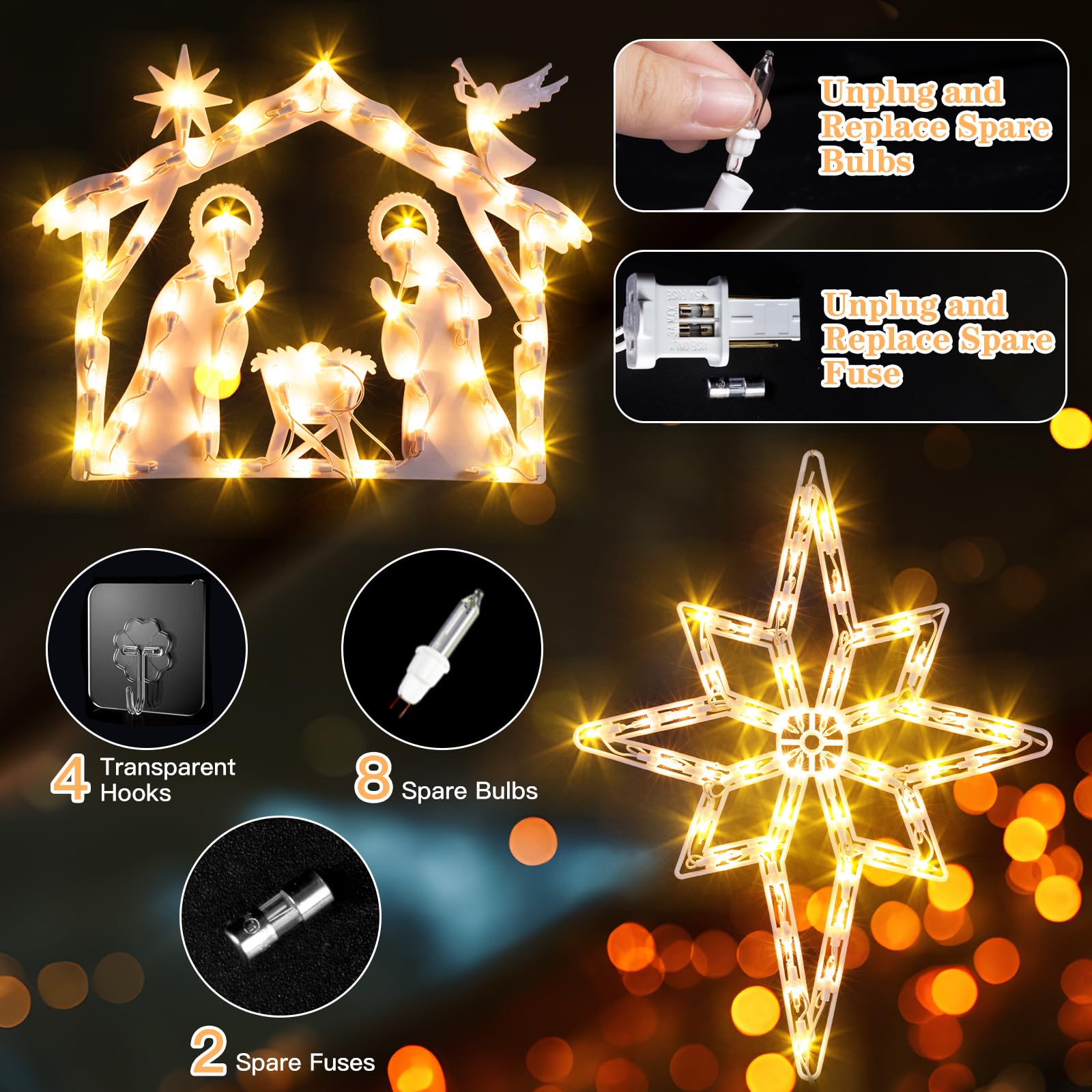 Quntis Christmas Window Lights – 2-Pack Nativity Scene & Bethlehem Star, Lighted Decorations for Window, Wall & Holiday Decor