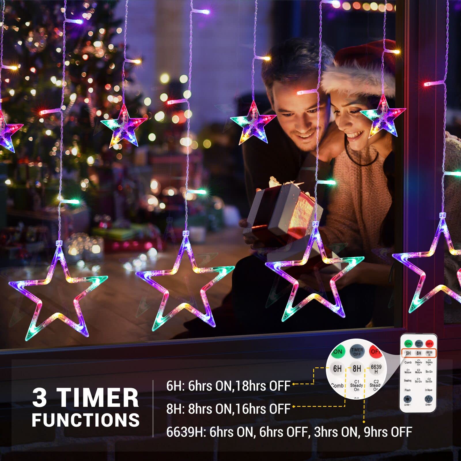 Quntis 138 LED 12-Star Multicolor Christmas Curtain Lights – Festive Starry Decor for Holiday & Xmas Decoration