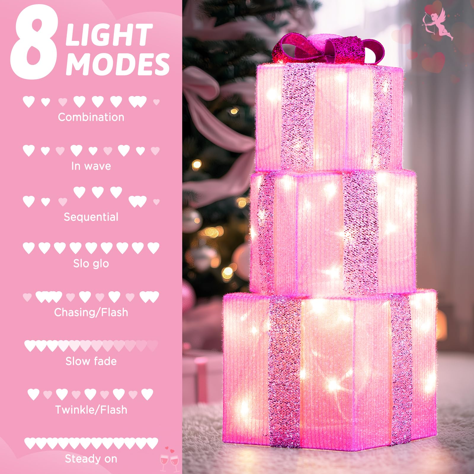 Valentine's Day & Mother's Day 3-Piece Lighted Pink Gift Boxes with Heart Accents, Iron Glowing Christmas Present Set with Bow, AA Battery Operated (Batteries Not Included)