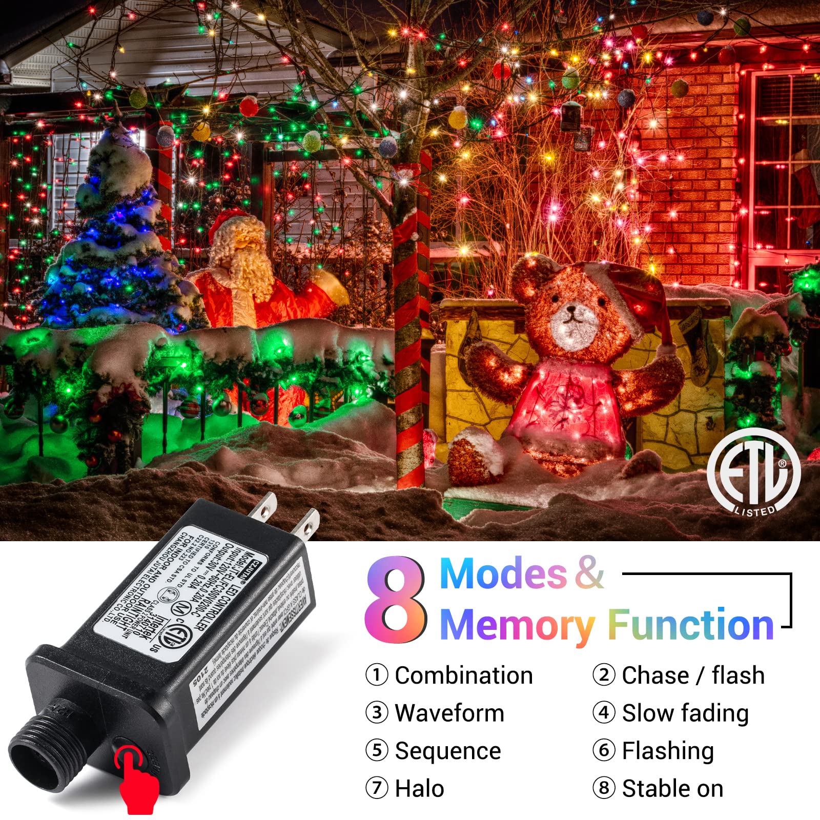 Quntis Christmas Cluster Outdoor Multicolor Tree Lights – 8 Modes Plug-In, Available in 2 Sizes for Holiday & Xmas Decor