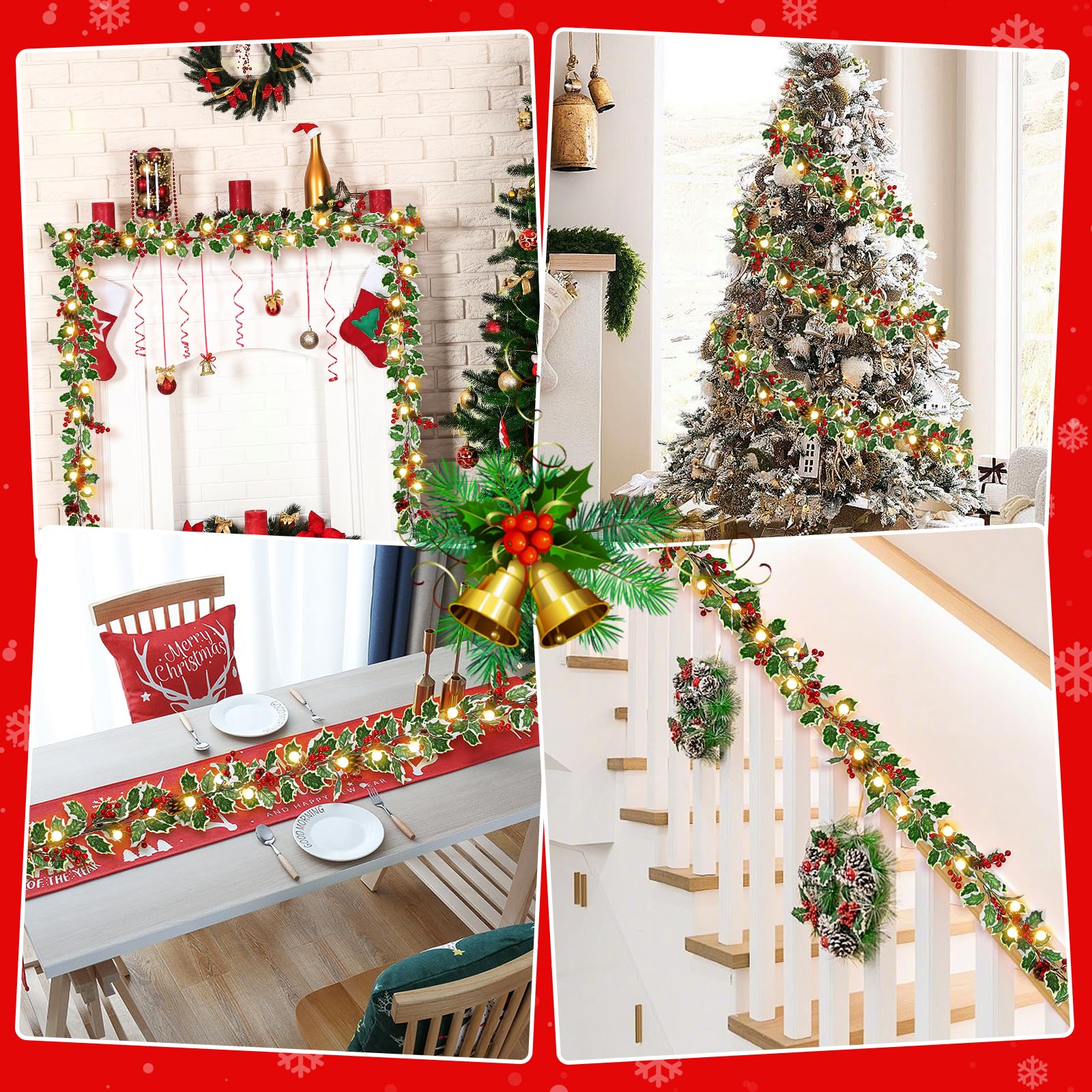 2 Pack 1.8M Christmas Red Berries Garland with 40 LEDs – Versatile 8 Lighting Modes for Stunning Christmas Lights Decor, Perfect for Festive Holiday Arrangements.