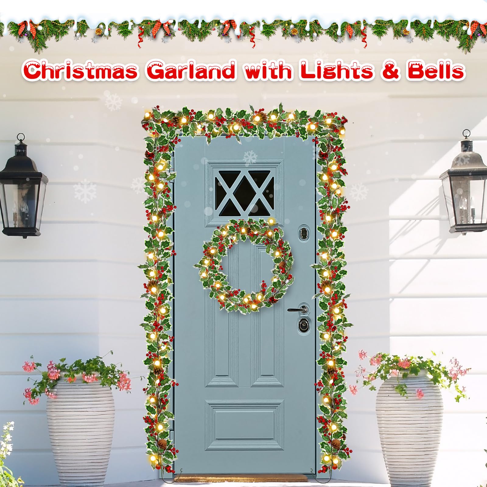 2 Pack 1.8M Christmas Red Berries Garland with 40 LEDs – Versatile 8 Lighting Modes for Stunning Christmas Lights Decor, Perfect for Festive Holiday Arrangements.