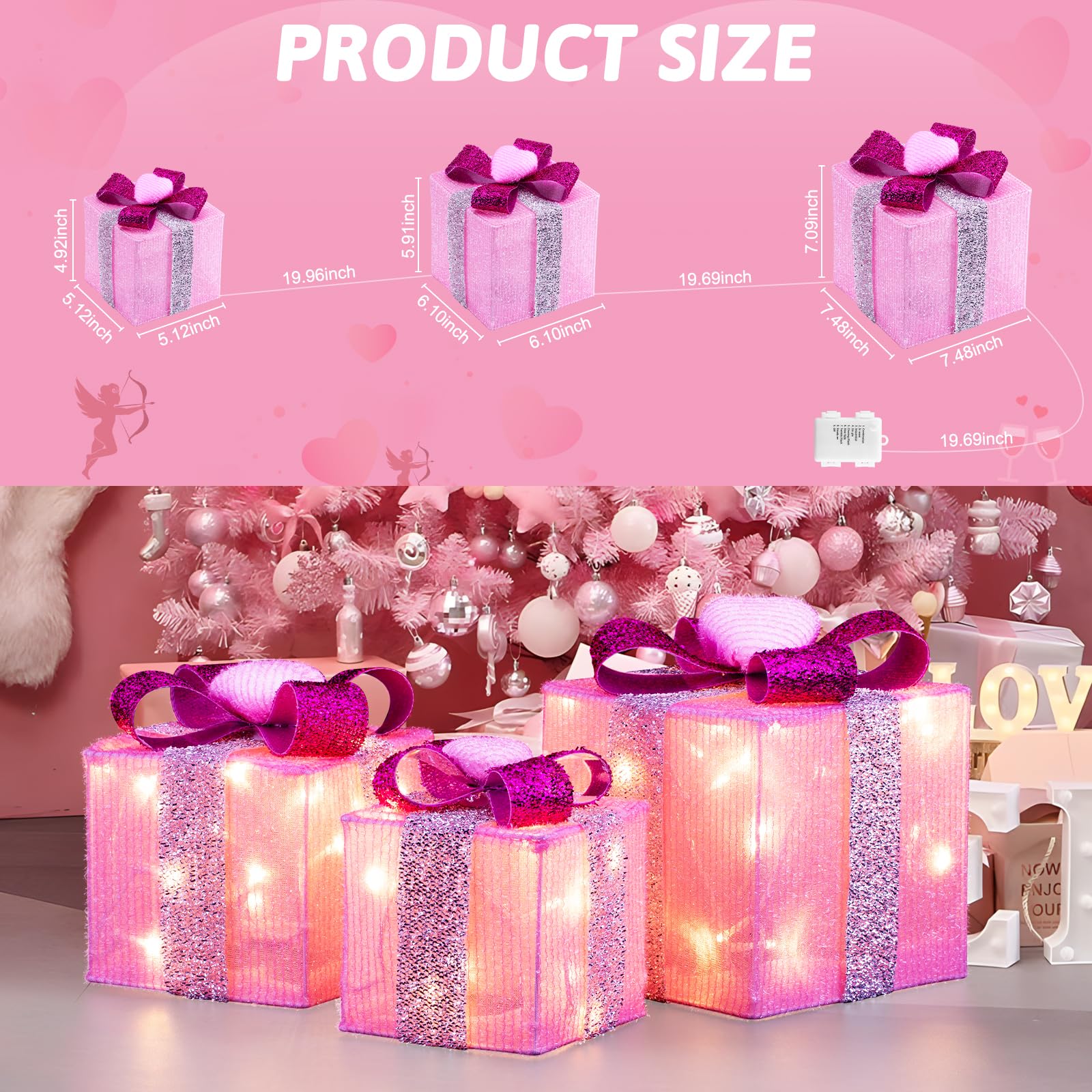 Valentine's Day & Mother's Day 3-Piece Lighted Pink Gift Boxes with Heart Accents, Iron Glowing Christmas Present Set with Bow, AA Battery Operated (Batteries Not Included)