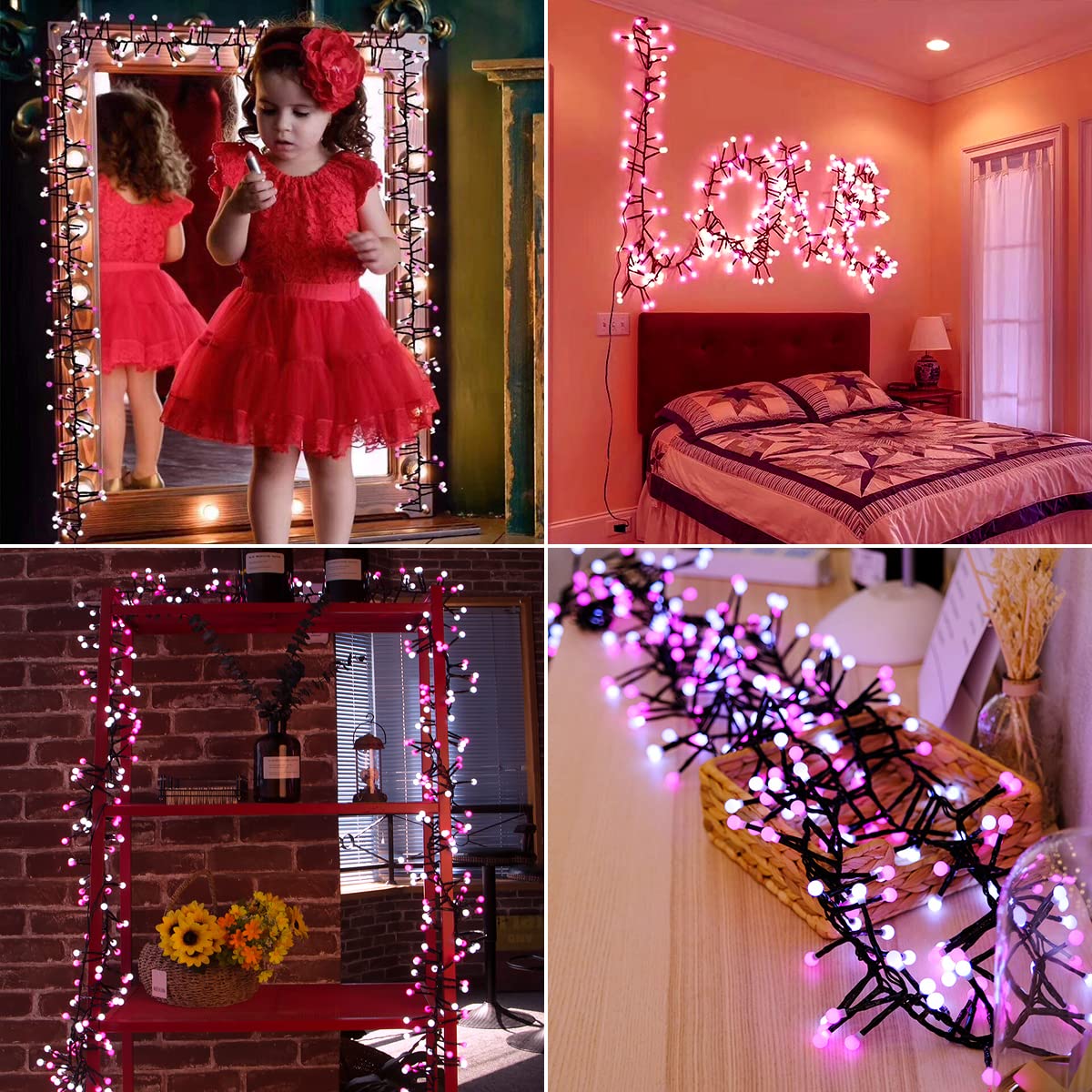 Quntis Cluster Christmas String Lights Pink &White, 400 LED 8 Twinkle Modes 13FT Globe Fairy Lights for Xmas Tree Bedroom Indoor Outdoor Valentine Wedding Holiday  Pink White