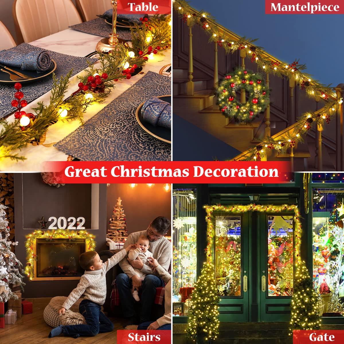 2 Pack Christmas Garland with Lights, 5.7FT 20 LED Artificial Red Berry Garland Christmas Decorations PineCones Bells