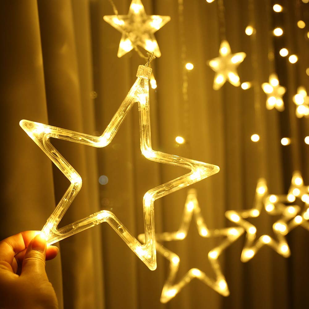 Quntis 138 LED 12-Star Connectable 6.5ft Curtain Xmas Lights – 8 Flashing Modes, Warm White Holiday Decor for Christmas & Festive Lighting