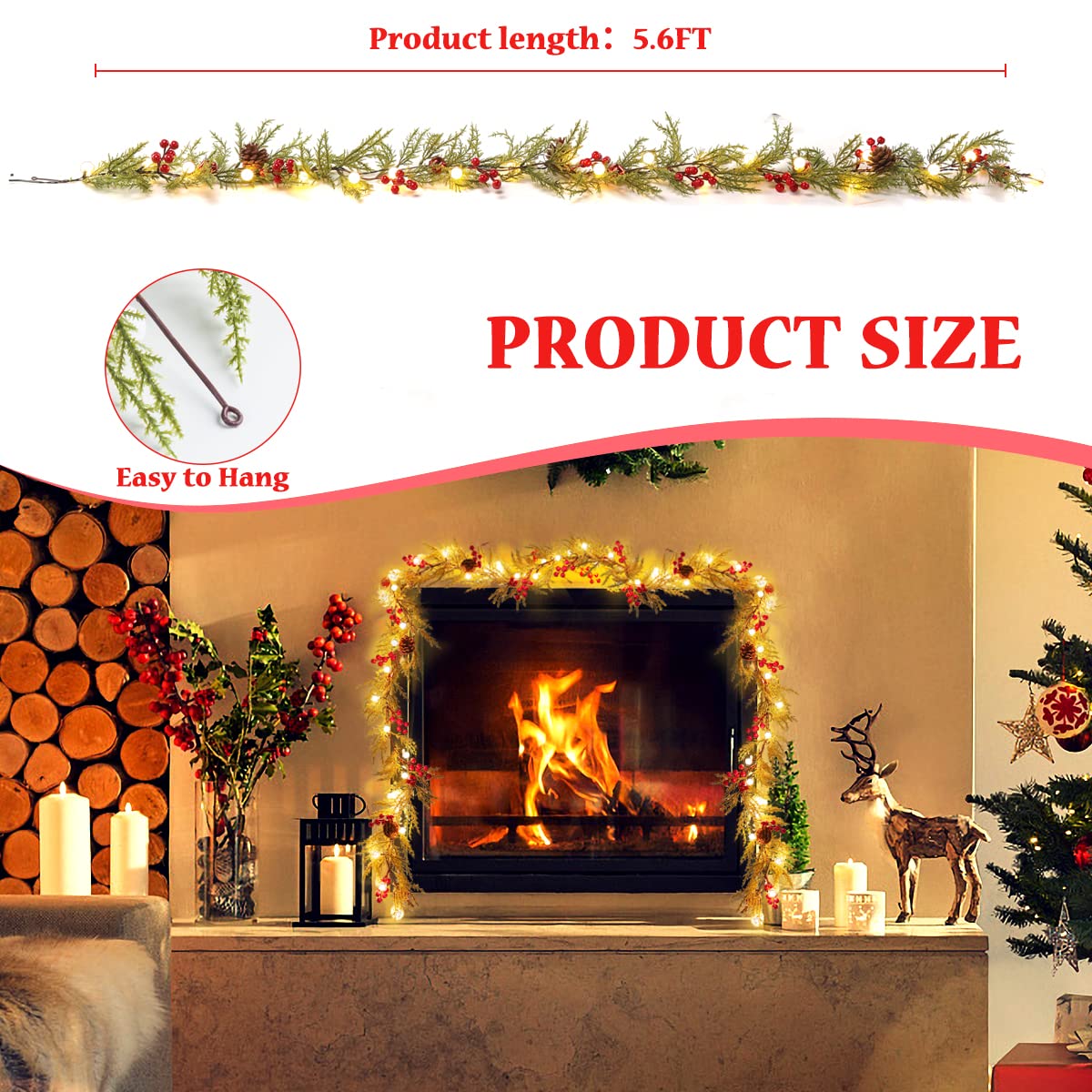 2 Pack Christmas Garland with Lights, 5.7FT 20 LED Artificial Red Berry Garland Christmas Decorations PineCones Bells