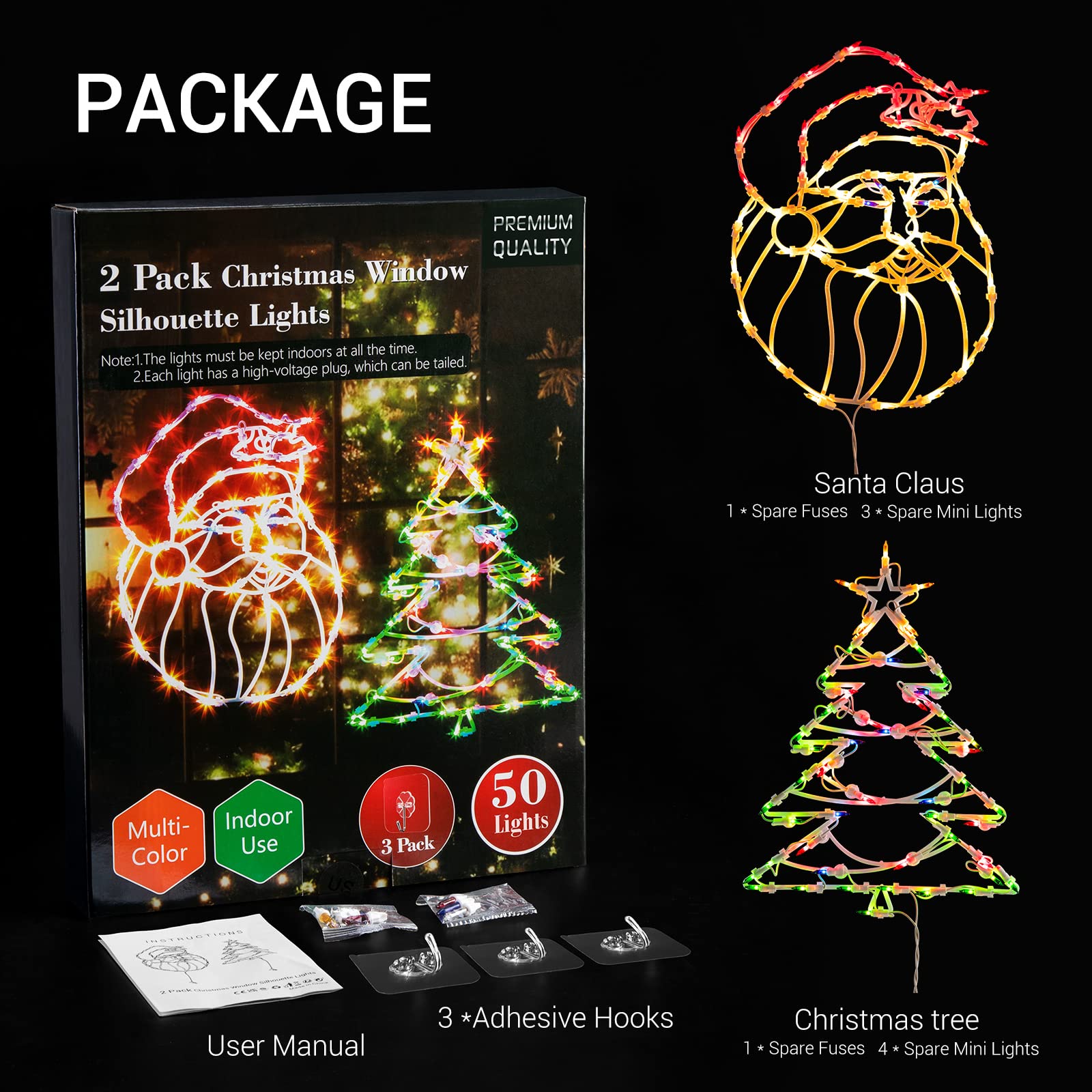 Quntis Santa Claus and Christmas Tree Tungsten Showcase Lights – Pack of 3, Festive Holiday Decor for Windows, Mantels, and Display