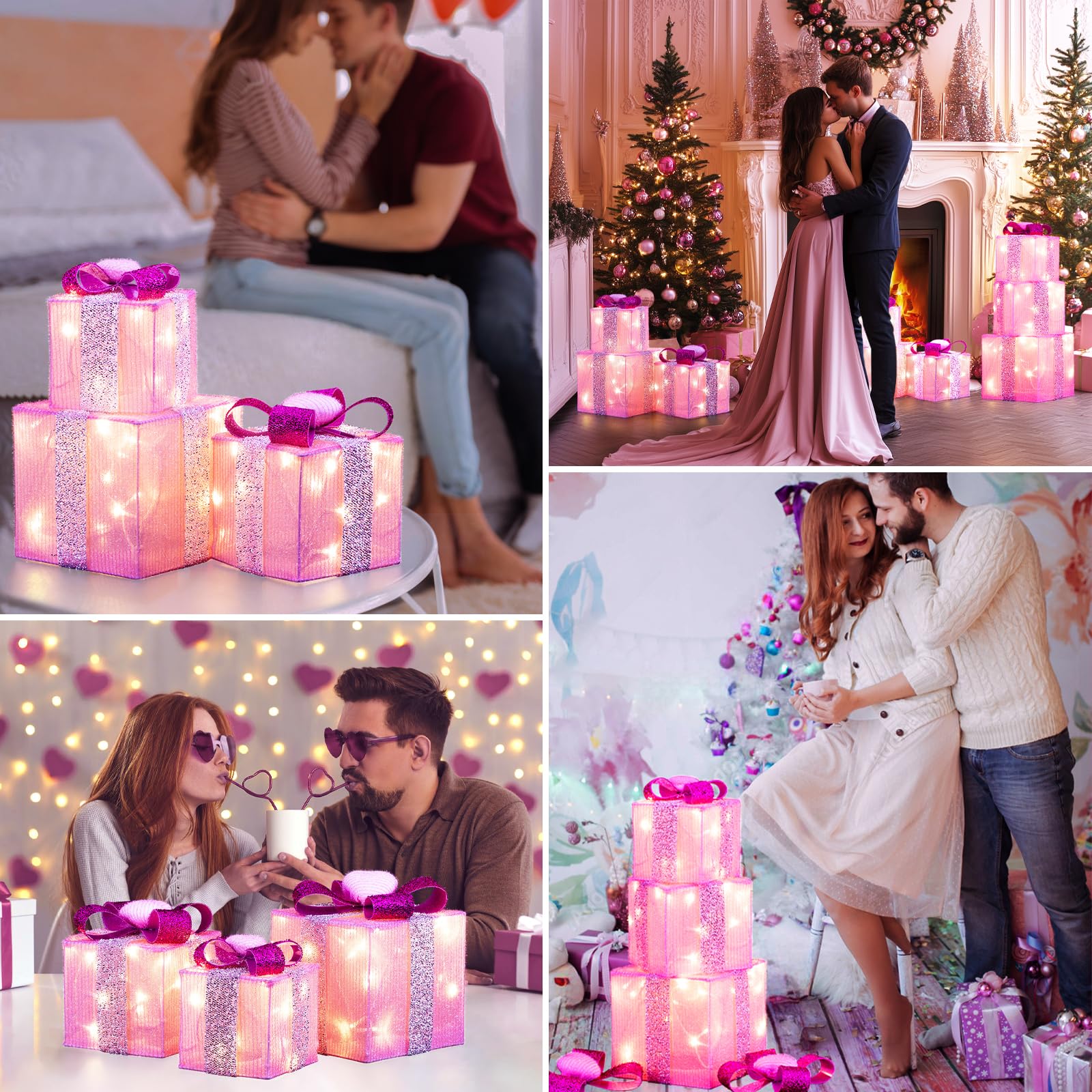 Valentine's Day & Mother's Day 3-Piece Lighted Pink Gift Boxes with Heart Accents, Iron Glowing Christmas Present Set with Bow, AA Battery Operated (Batteries Not Included)