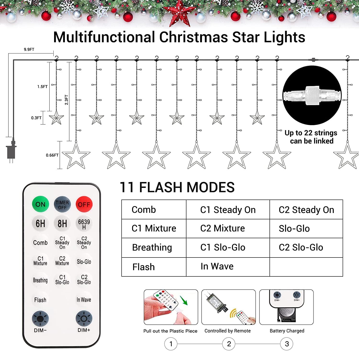 Quntis 138 LED 12-Star Multicolor Christmas Curtain Lights – Festive Starry Decor for Holiday & Xmas Decoration