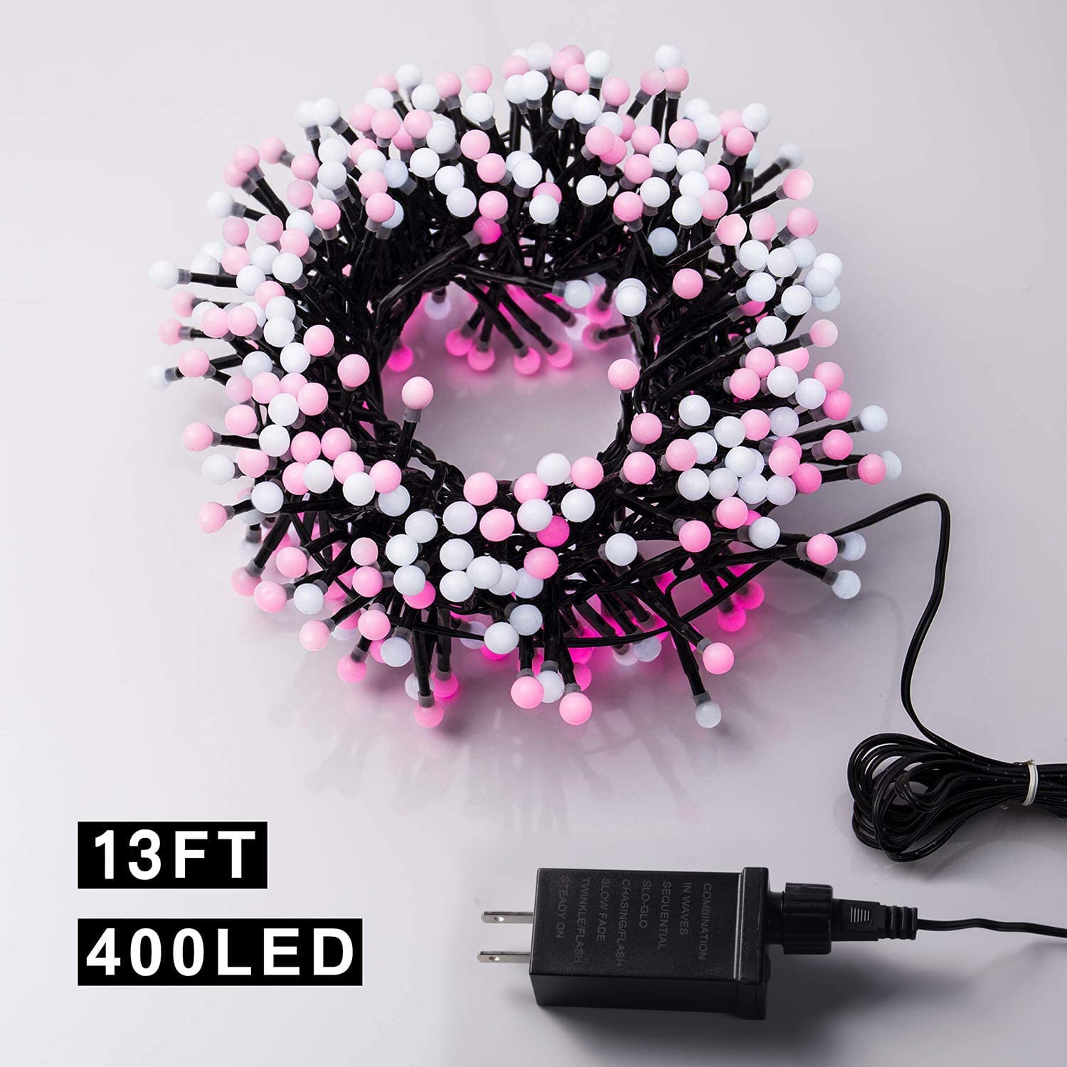 Quntis Cluster Christmas String Lights Pink &White, 400 LED 8 Twinkle Modes 13FT Globe Fairy Lights for Xmas Tree Bedroom Indoor Outdoor Valentine Wedding Holiday  Pink White