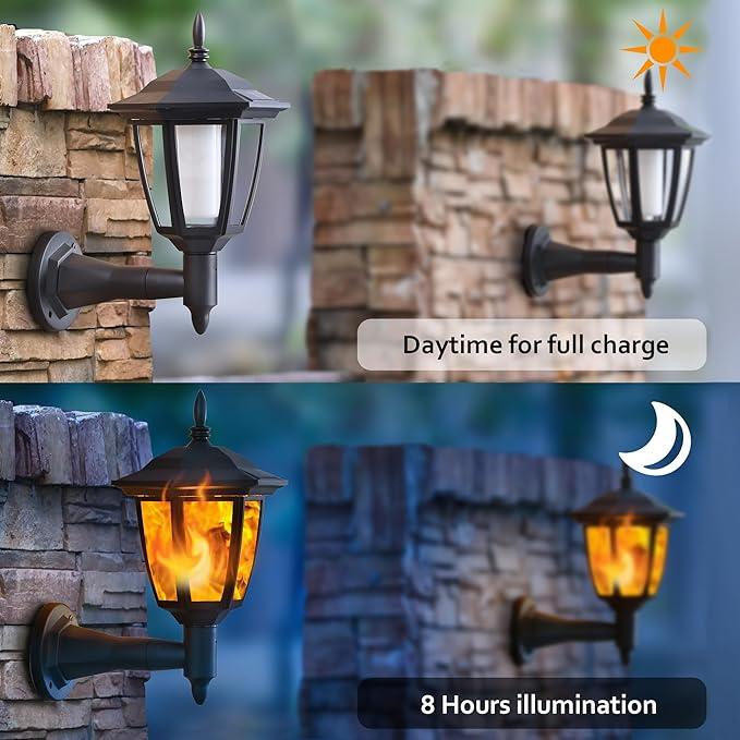 Solar Flame Wall Lanterns Outdoor, Solar Powered Wall Lights, Flickering Flame LED Lights Auto On/Off Wall Hanging Lights, Waterproof for Garage