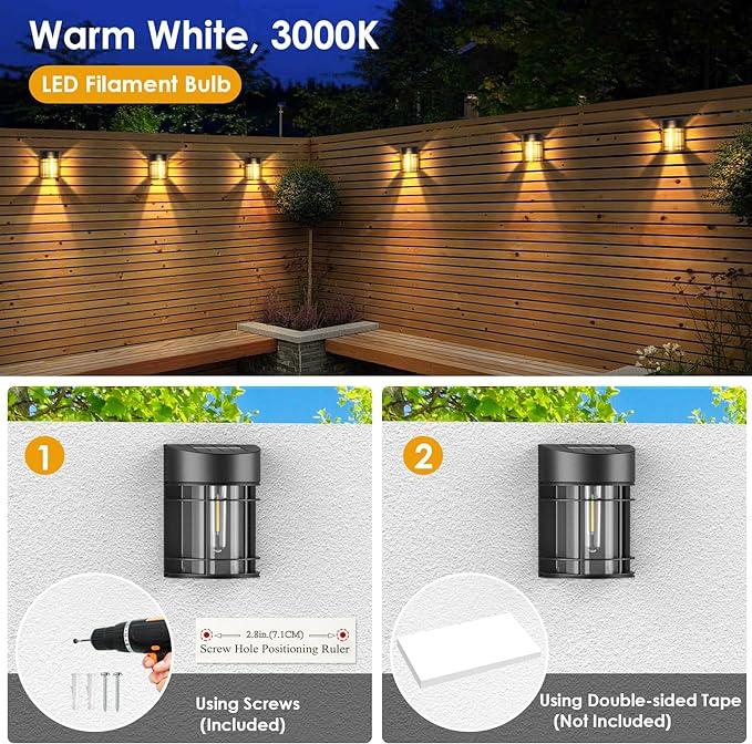 Solar Fence Lights, LED Solar Outdoor Lights Waterproof Solar Deck Lights Patio Decor for Outside Yard Porch Driveway