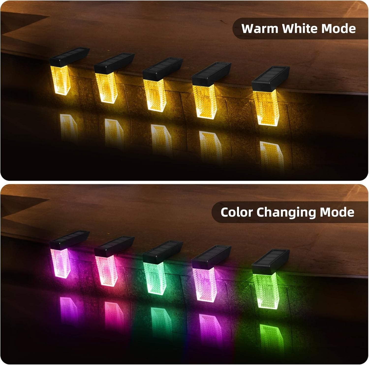Solar Deck Lights Outdoor, 20 Lumens LED Solar Step Lights for Outdoor Stairs, Step, Fence, Yard, Patio, and Pathway (Warm White & RGB Colors
