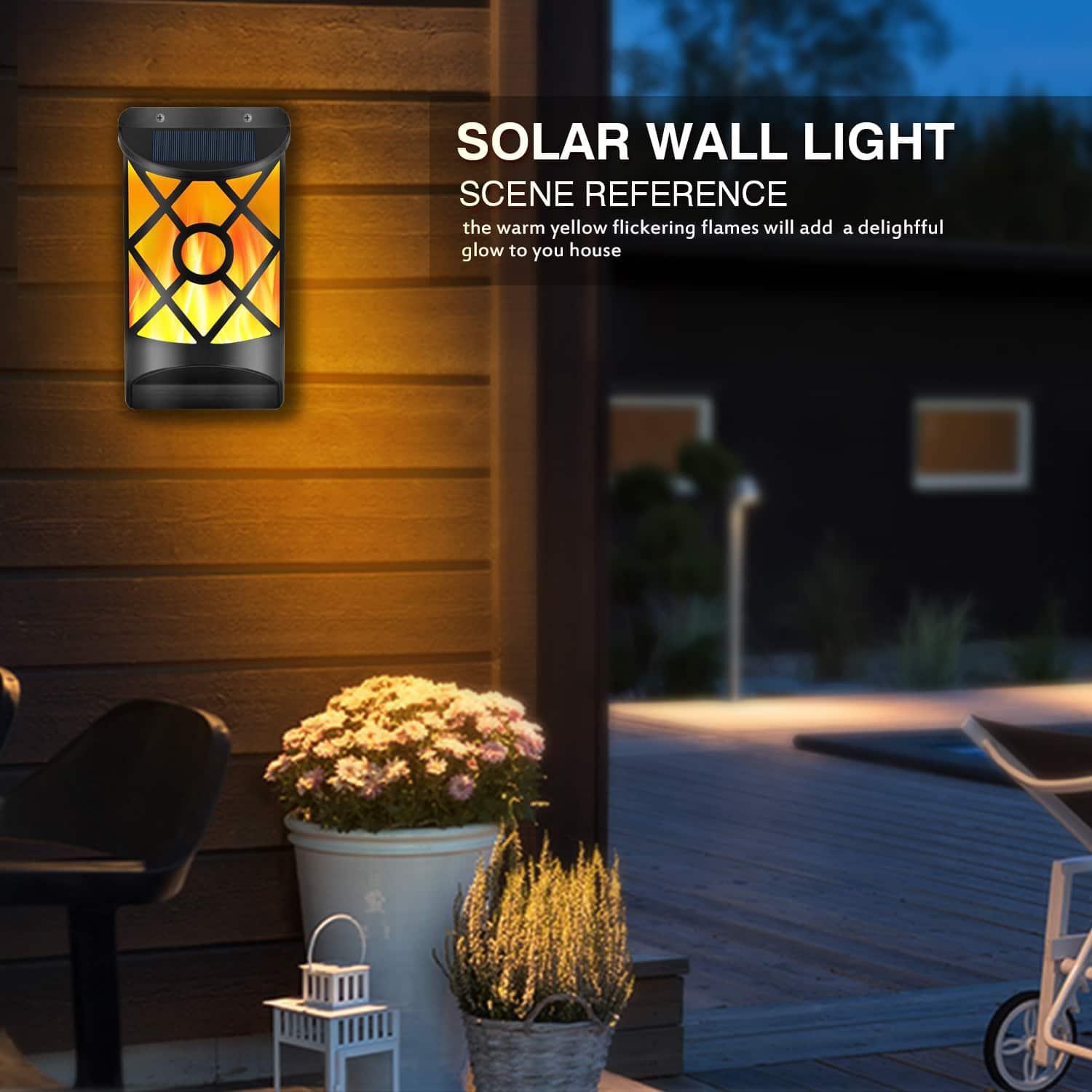 Solar Wall Lights Outdoor, Waterproof Flickering Flame Solar Lights Dark Sensor for Patio Deck Driveway