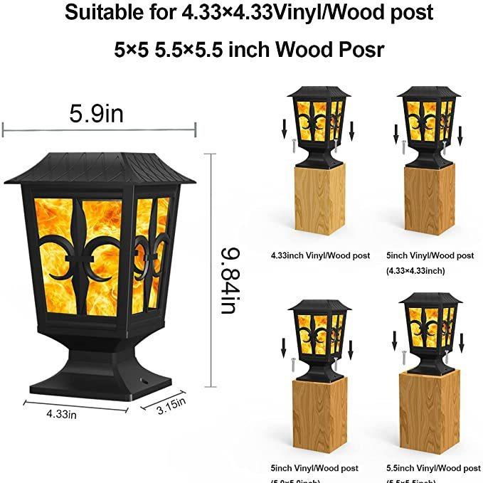 Solar Post Light, Flickering Flame Post Cap LED Lamp, Solar Powered 2 Modes Waterproof Lighting for Outdoor Deck Fence