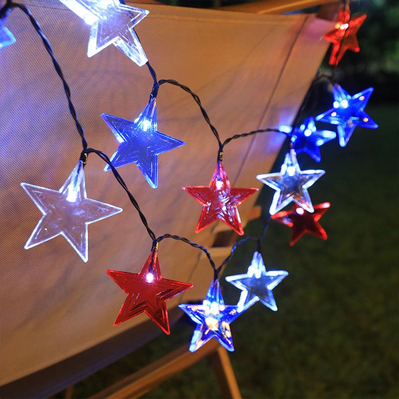 4th of July Star  Outdoor Led String Lights,Red White Blue Big Star Lights String with 6H Timing, Waterproof Patriotic Fairy Lights for Independence Day Indoor Outdoor Holiday Decor