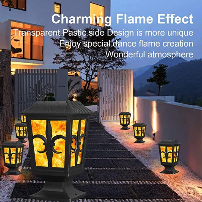 Solar Post Light, Flickering Flame Post Cap LED Lamp, Solar Powered 2 Modes Waterproof Lighting for Outdoor Deck Fence