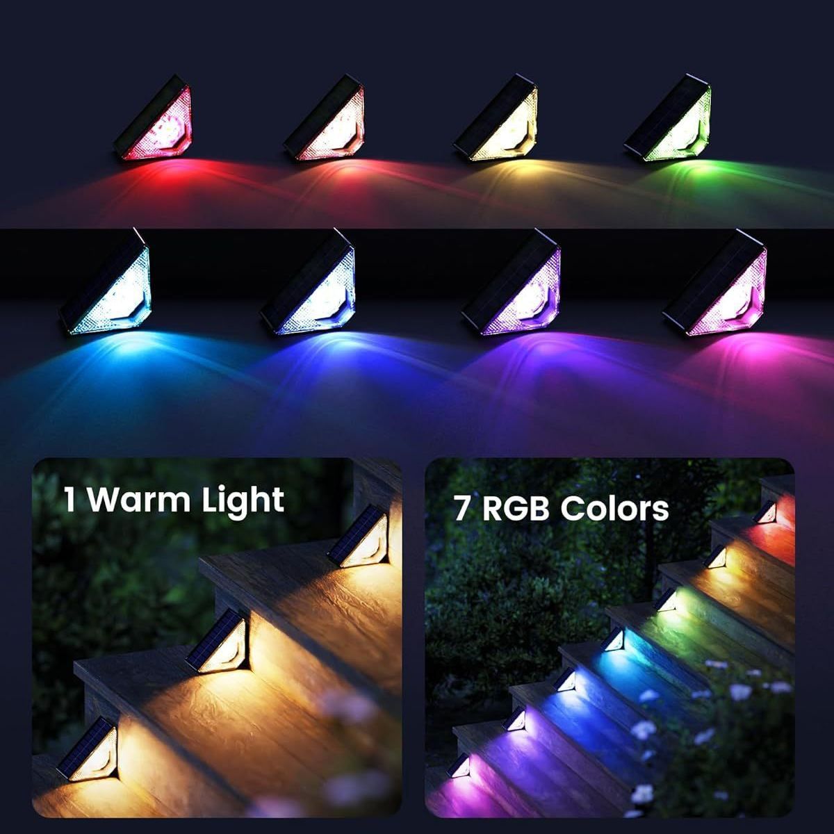 Solar Step Lights Waterproof, Warm & 7 RGB Colors Deck Lights Solar Powered, Triangle-Shaped Solar Stair Lights for Outside Patio Decor Porch Backyard
