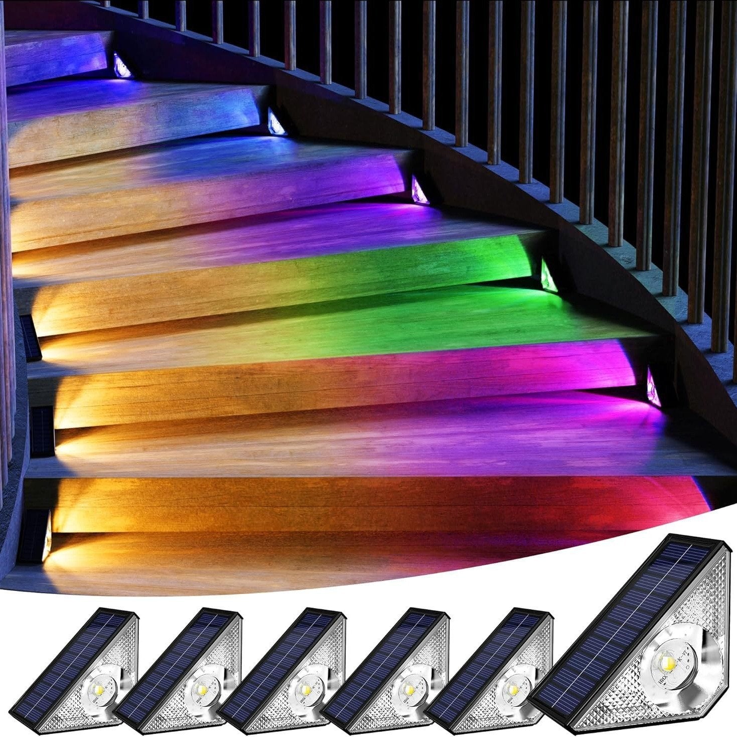 Solar Step Lights Waterproof, Warm & 7 RGB Colors Deck Lights Solar Powered, Triangle-Shaped Solar Stair Lights for Outside Patio Decor Porch Backyard
