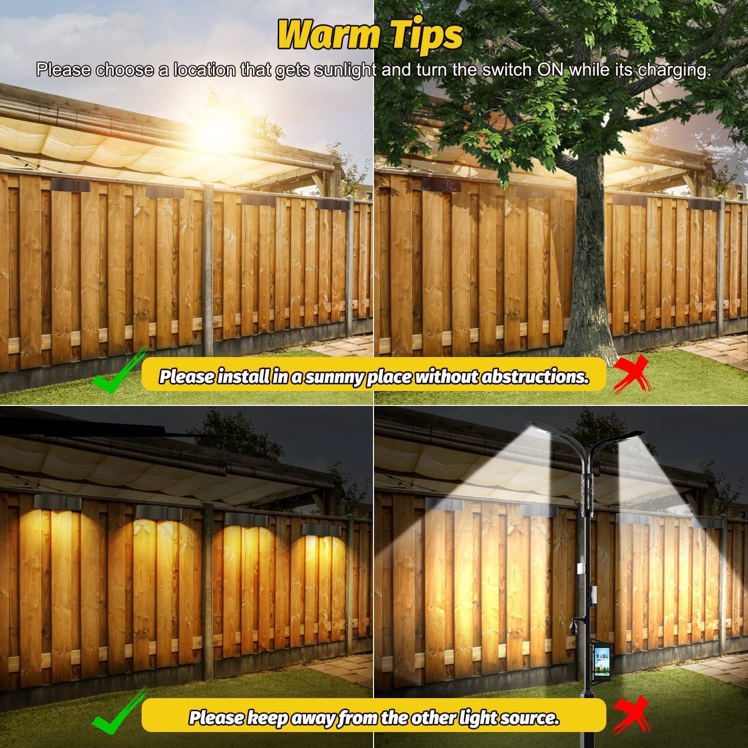 Solar Fence Lights  Outdoor Wall Lights Waterproof IP65, Warm White & RGB 8 Specific Fixed Colors for Fence Wall Step Deck Patio