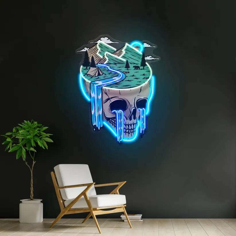 Surreal Skull and Mountain Neon Sign – Unique LED Art Piece with Vivid Blue and Green Glow