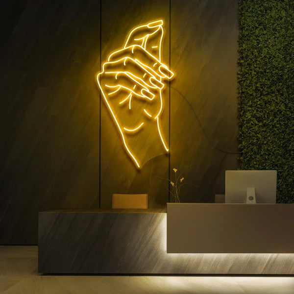 Elegant and Stylish Design Neon Sign Gracefully Poised Hand in Vivid Pink Glow for Beauty and Cosmetic Studios