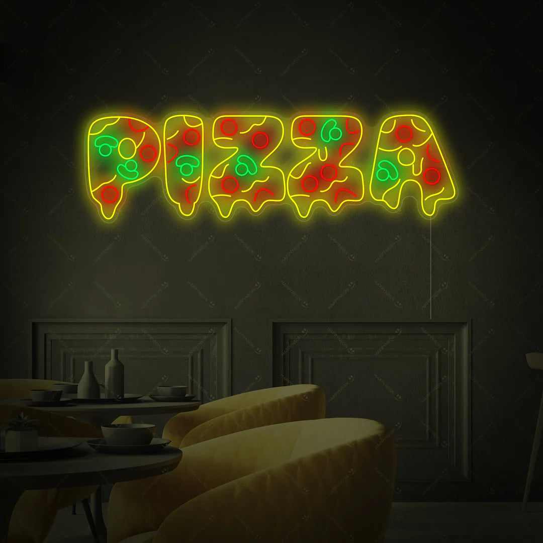 Colorful 'PIZZA' Neon Sign with Pepperoni and Green Pepper Toppings for Pizzerias and Dining Areas